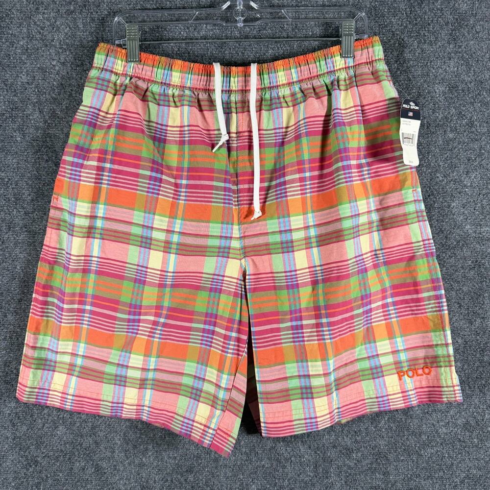 NWT Vintage Polo Sport Ralph Lauren Madras Plaid Swim Trunks Mens L 90s NOS Flaw
